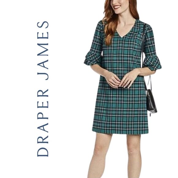 Draper James Dresses & Skirts - Draper James, Plaid Ruffle Sleeve Shift Dress, Green, Black, White